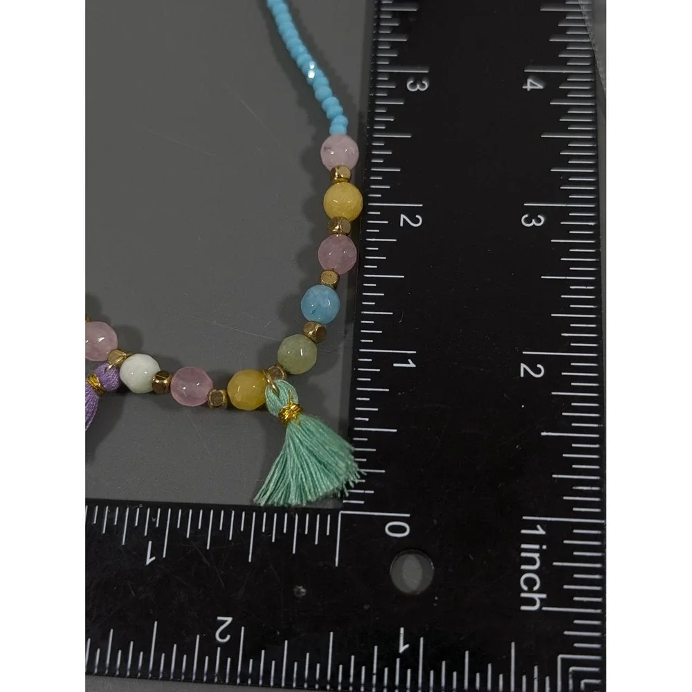 Boho Beachy Tassel Necklace Blue Pink Glass Beads‎ Layered Gold Tone 21 in